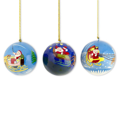 Set of 3 Santa Sleigh Reindeer Wooden Christmas Ball Ornaments