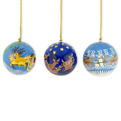 Set of 3 Santa Sleigh Reindeer Wooden Christmas Ball Ornaments