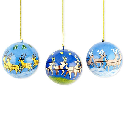 Set of 3 Santa Sleigh and Reindeer Wooden Christmas Ball Ornaments