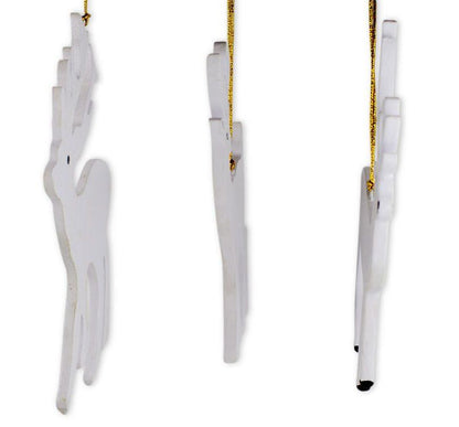 Set of 3 White Deer Wooden Christmas Ornaments 7 Inches
