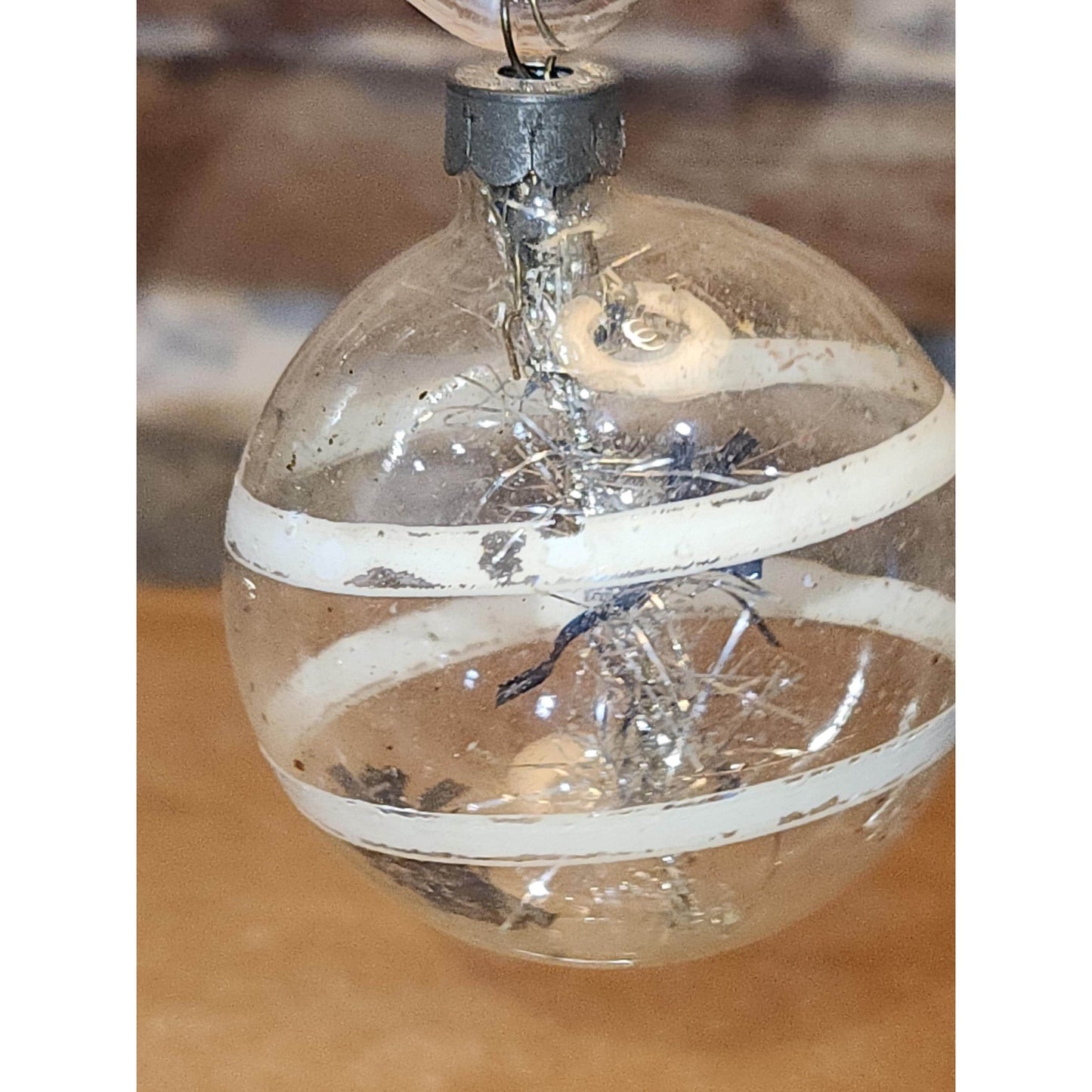 Vintage Circle and Teardrop Unsilvered Transparent Glass Ornament with Tinsel Inside WWII Era 1940s Set of 2 Clear with Tinsel AS IS