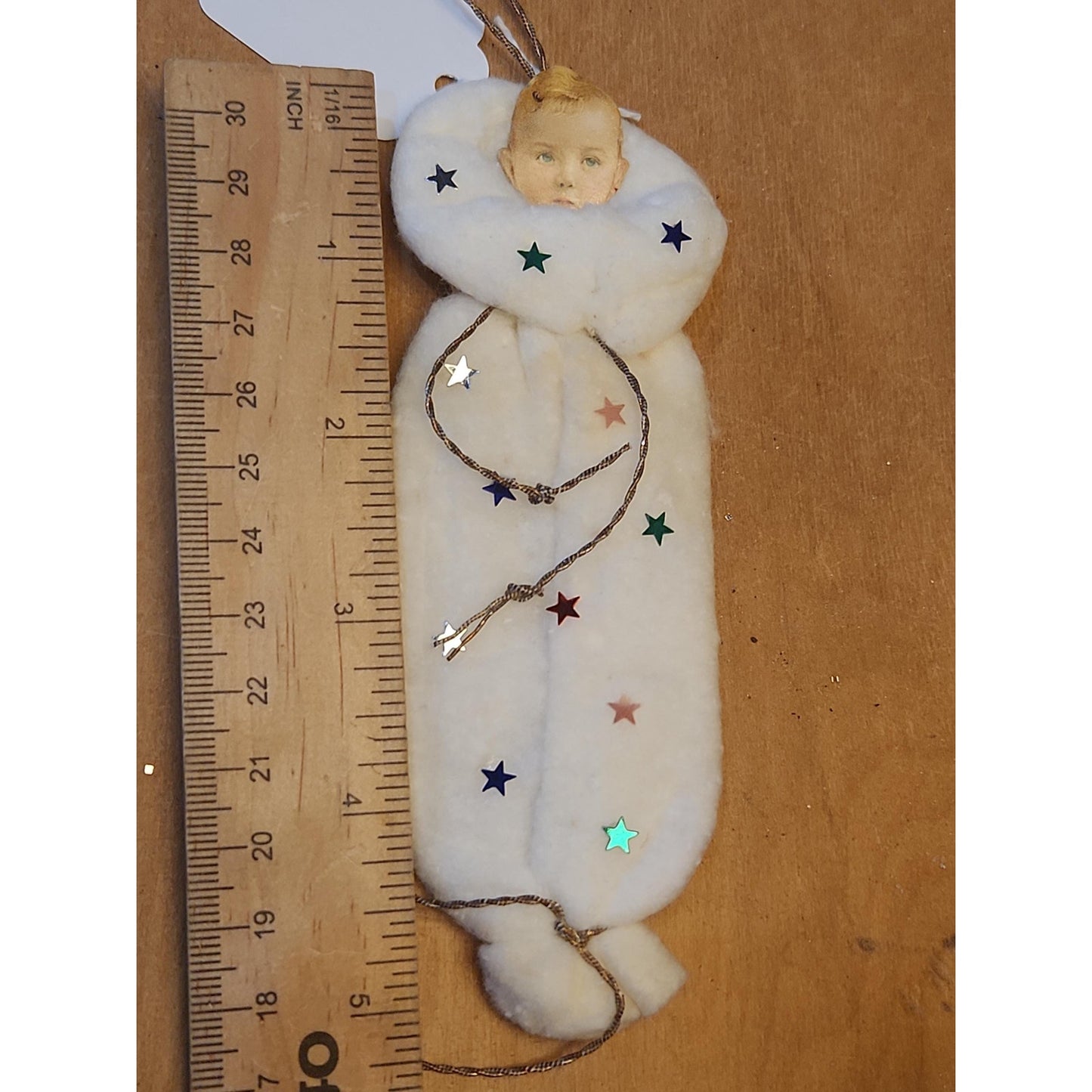 Replica of Antique Ornaments with Actual Vintage Paper Scraps and newer Crepe and Cotton Batting. Chr111