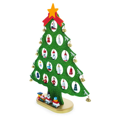 Wooden Tabletop Christmas Tree with 25 Miniature Ornaments and Train Base 12 Inches