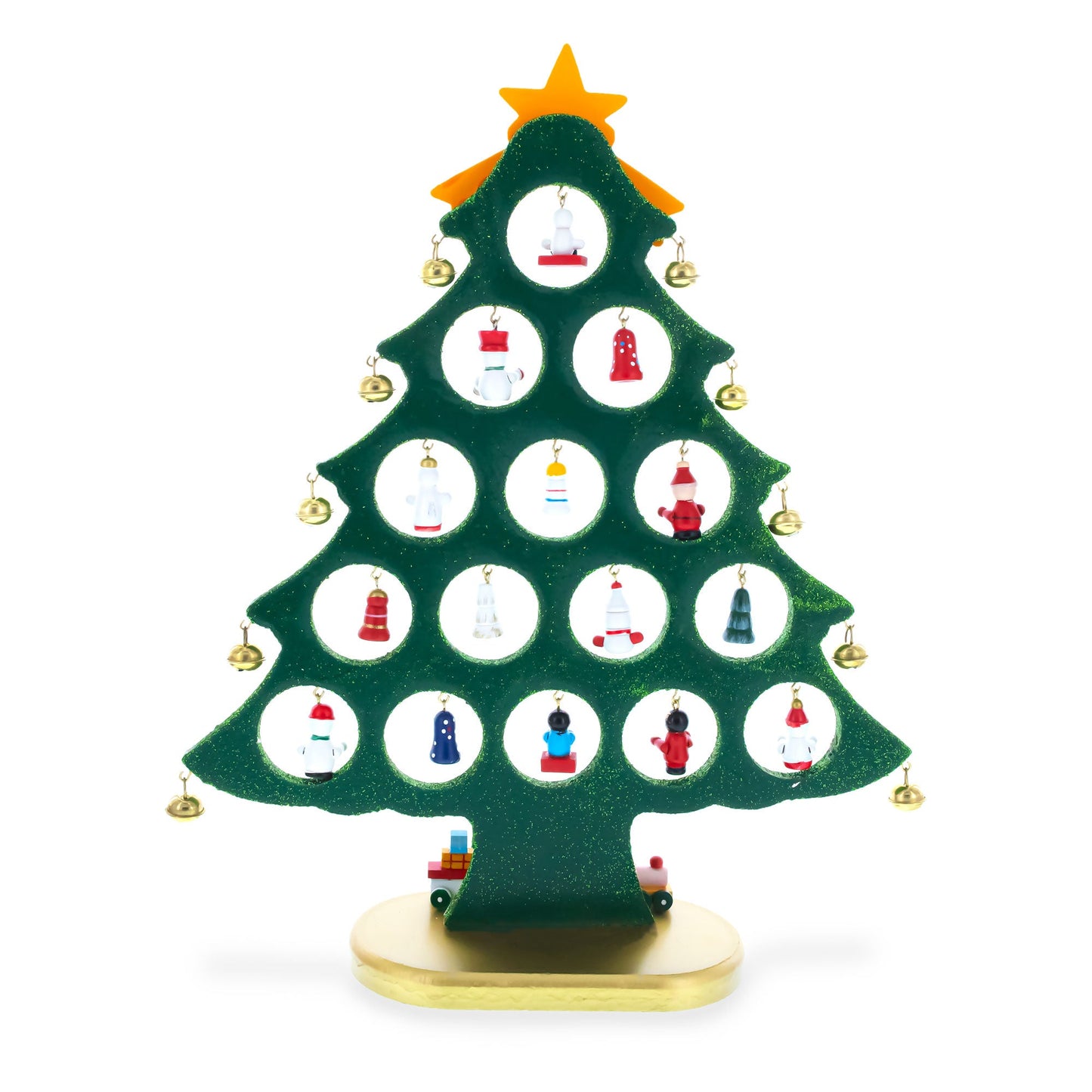 Wooden Tabletop Christmas Tree with 25 Miniature Ornaments and Train Base 12 Inches