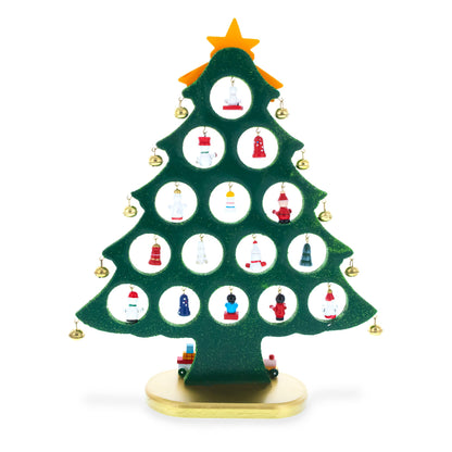 Wooden Tabletop Christmas Tree with 25 Miniature Ornaments and Train Base 12 Inches