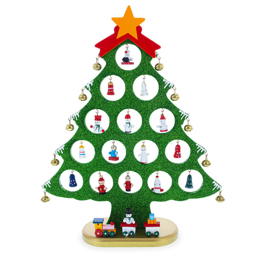 Wooden Tabletop Christmas Tree with 25 Miniature Ornaments and Train Base 12 Inches