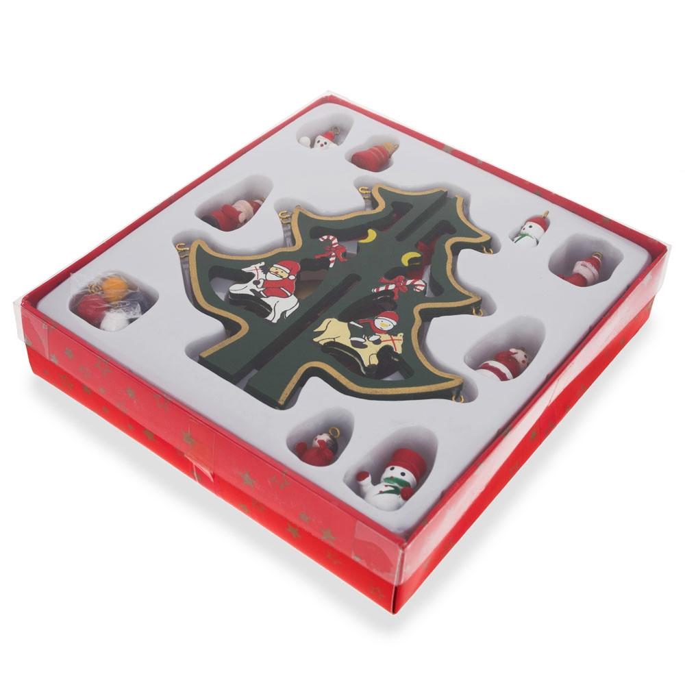 Delightful Wooden Tabletop Christmas Tree with Santa and Miniature Ornaments 6.5 Inches Tall