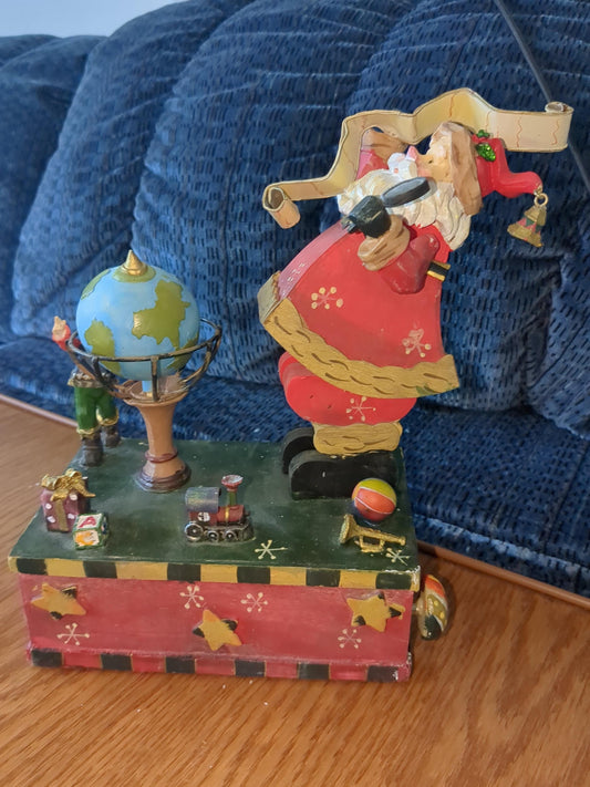 Saint Nicholas Square animated music box with Santa rocking, spinning glove and the elf just watching s49
