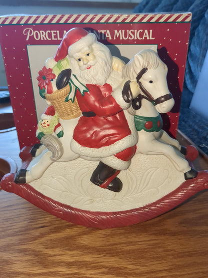 Vintage Santa Porcelain Rocking Horse Music Box for Christmas. made in Taiwain s45