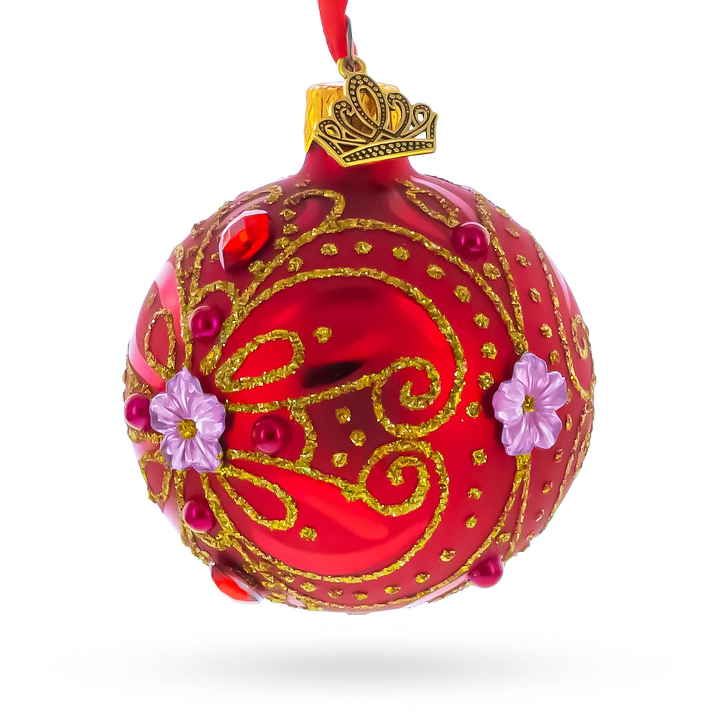 Red and Gold Glitter Scrollwork & Gem Accents Glass Ball Christmas Ornament 2.4 Inches
