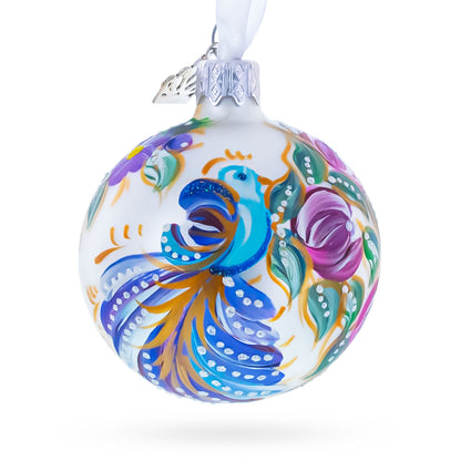 Bird & Floral Design Folk Art Glass ball Ornament 2.4 Inches