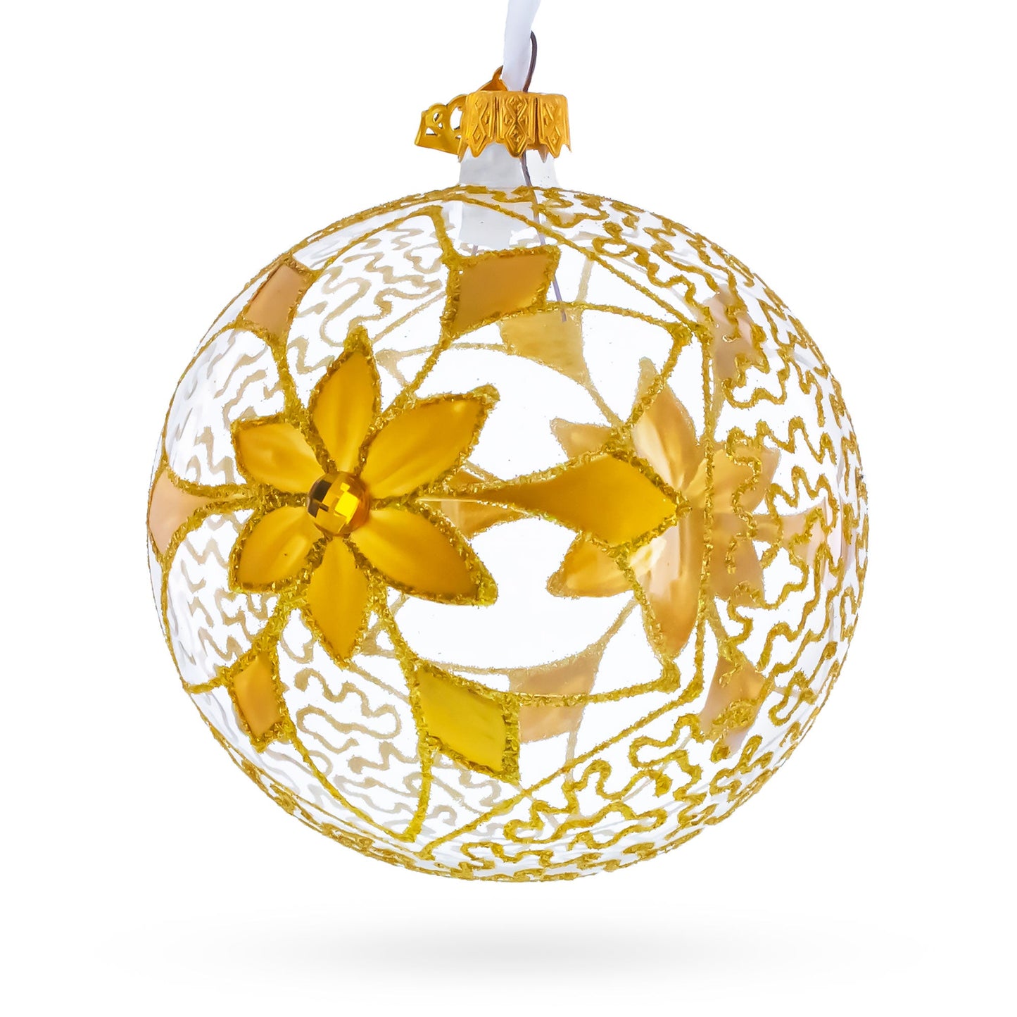 Gold Blossom with Gem Center Glass Ball Christmas Ornament 4 Inches