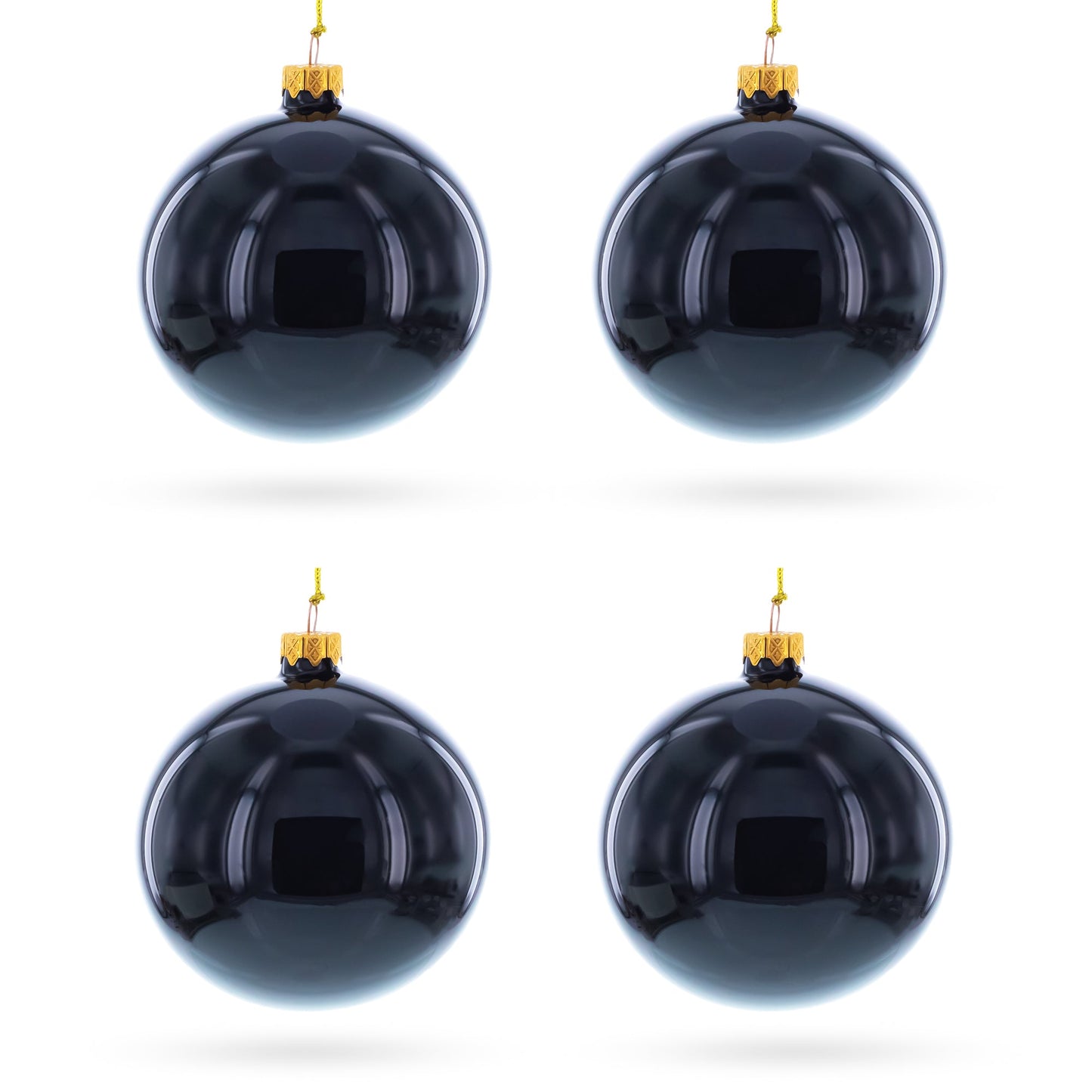 Set of 4 Glossy Black Glass Ball Christmas Ornaments 4 Inches