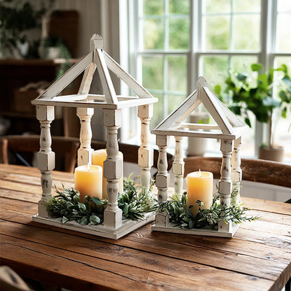 Distressed White Turned Wooden Open Lanterns, Set of Two  NOT AVAILABLE AT MINDEN LOCATION