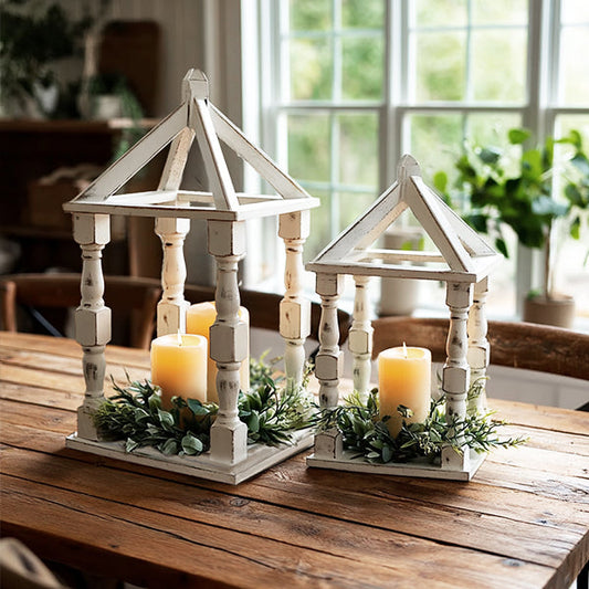 Distressed White Turned Wooden Open Lanterns, Set of Two  NOT AVAILABLE AT MINDEN LOCATION