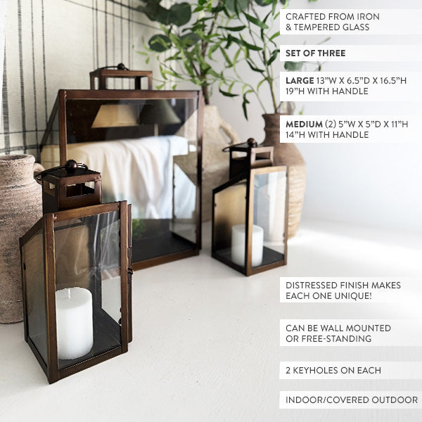 Rustic Bronze Tempered Glass Lanterns, Set of Three  NOT AVAILABLE AT MINDEN LOCATION