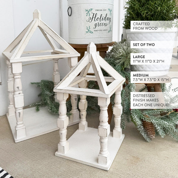 Distressed White Turned Wooden Open Lanterns, Set of Two  NOT AVAILABLE AT MINDEN LOCATION