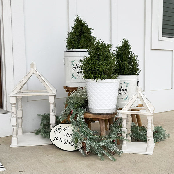 Distressed White Turned Wooden Open Lanterns, Set of Two  NOT AVAILABLE AT MINDEN LOCATION