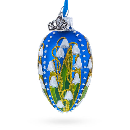 Lilies of the Valley on Blue Royal Mini Red Glass Egg Ornament