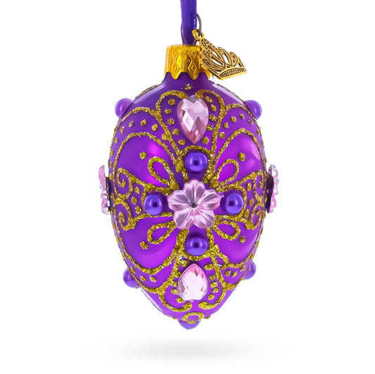 Flower on Purple Mini Glass Egg Ornament 2.9 Inches