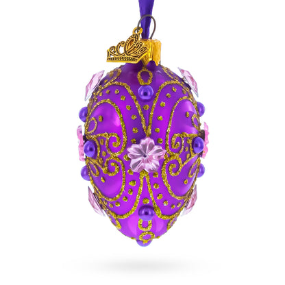 Flower on Purple Mini Glass Egg Ornament 2.9 Inches