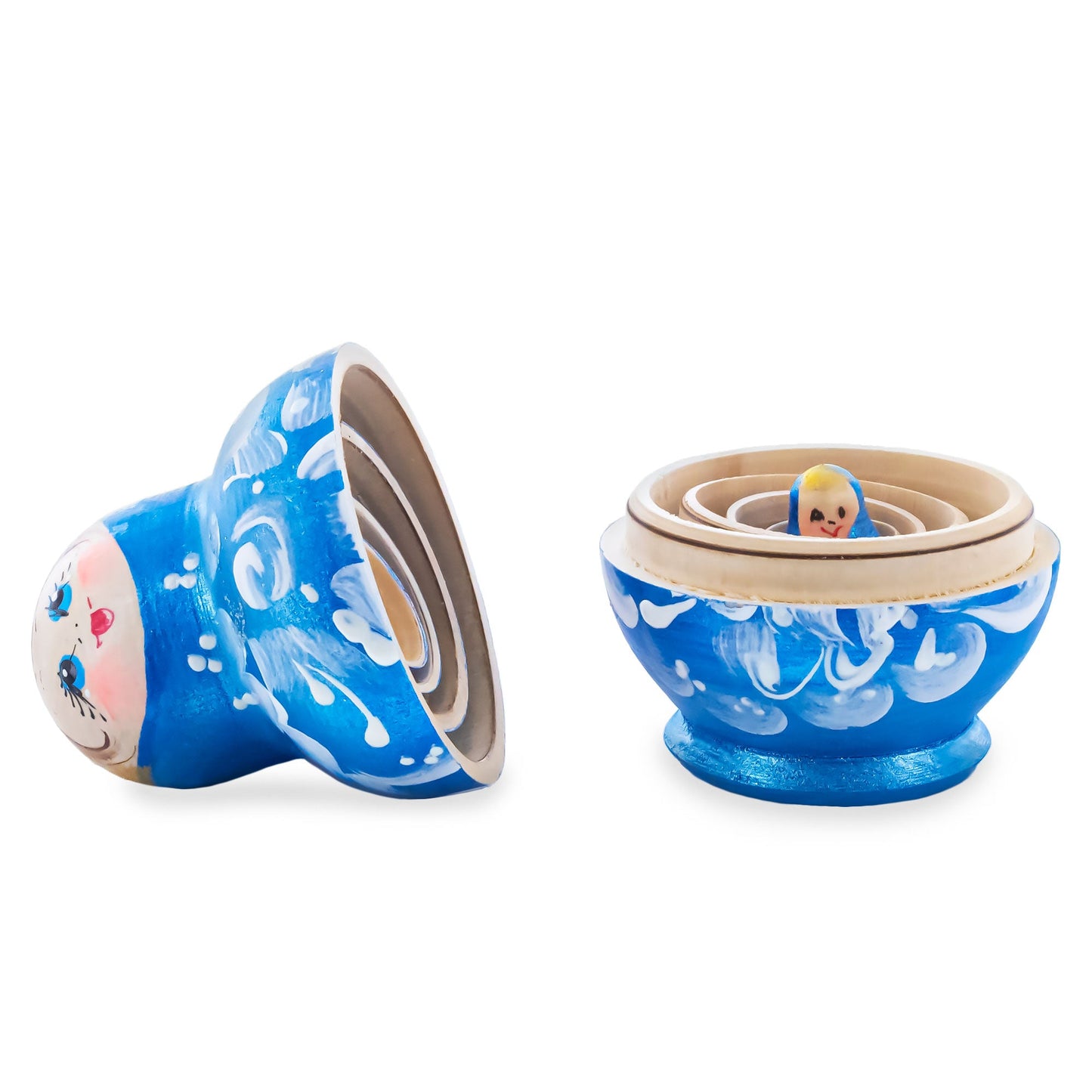 Blue Color with White Ornament Wooden  Nesting Dolls