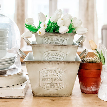Vintage Inspired Heirloom Garden Supply Metal Planters, Set of Three  NOT AVAILABLE AT MINDEN LOCATION