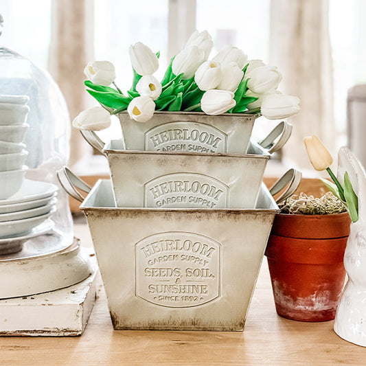 Vintage Inspired Heirloom Garden Supply Metal Planters, Set of Three  NOT AVAILABLE AT MINDEN LOCATION