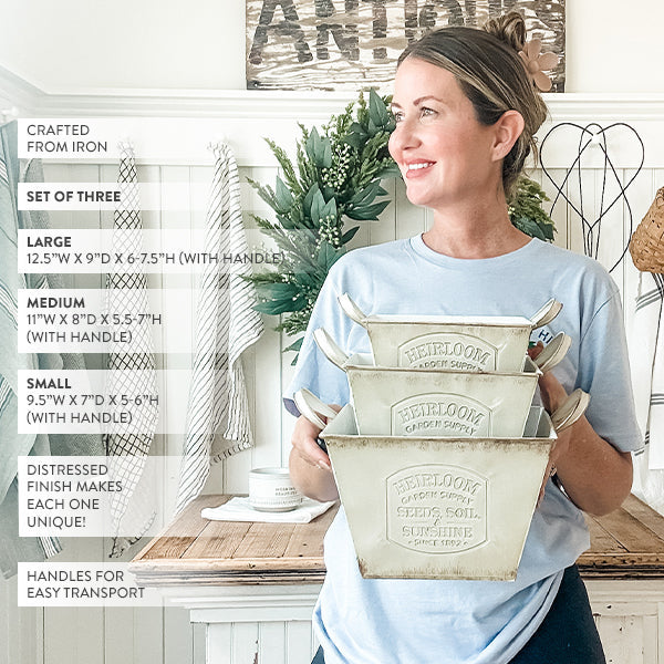 Vintage Inspired Heirloom Garden Supply Metal Planters, Set of Three  NOT AVAILABLE AT MINDEN LOCATION