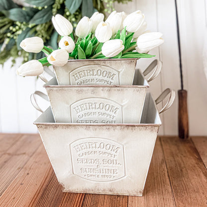 Vintage Inspired Heirloom Garden Supply Metal Planters, Set of Three  NOT AVAILABLE AT MINDEN LOCATION