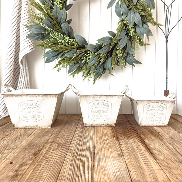 Vintage Inspired Heirloom Garden Supply Metal Planters, Set of Three  NOT AVAILABLE AT MINDEN LOCATION