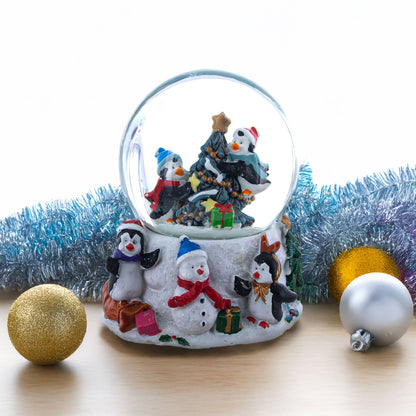 Penguins' Festive Tree Celebration Snow Water Globe
