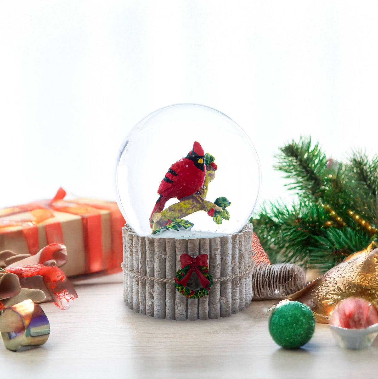 Red Cardinal on Birch Tree and Wreath Musical Water Globe