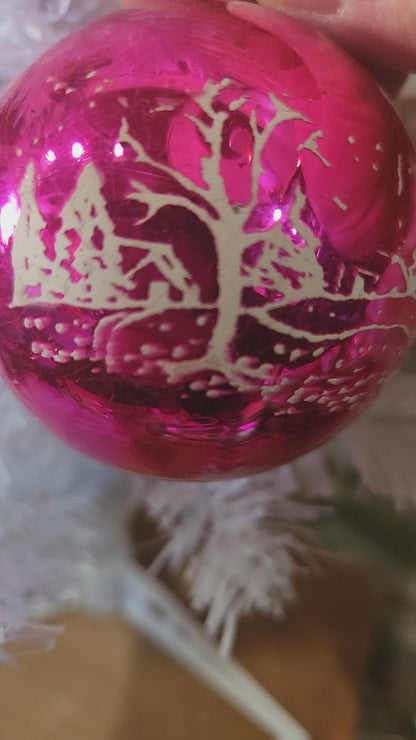 Vintage Shiny Brite Hot Pink Stenciled Ice Skating Glass Ball Ornament GLOWS vo8