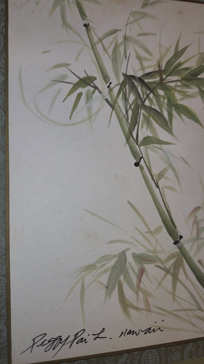 Vintage Peggy Pai Laughlin Framed Mixed Medium Painting A Hawaii Bamboo Dedicated by Artist 9 x 12 Frame