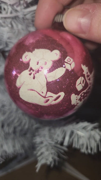 Vintage Shiny Brite Pink Christmas Ornament Stenciled Toy Bear Duck Toy Horse Clown Sailboat GLOWS vo26