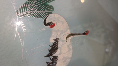 Vintage glass serving tray made in Japan with sandhill cranes on it includes five coasters
