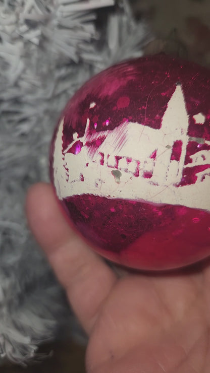 Vintage Shiny Brite Hot Pink Stenciled Church Glass Ornament GLOWS vo17