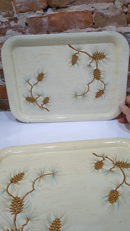 Vintage MCM Turquoise, brown, cream, buttery yellow Pine Cone Metal Serving Tray
