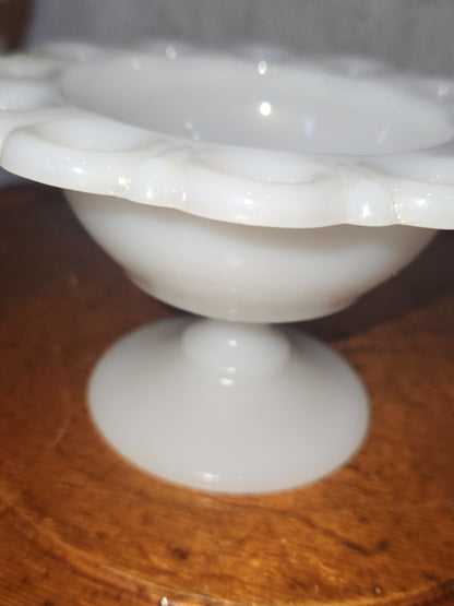 Assemblage Vintage Small Anchor Hocking Old Colony Lace Edge Milk Glass Pedestal Compote Candy pin cushion asm5