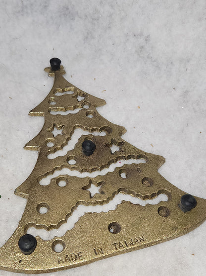 Vintage Cast Metal Christmas Tree Trivet Gold Made in Taiwan cm77