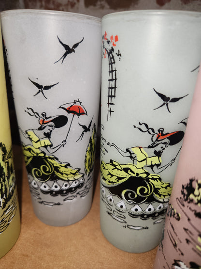 Vintage Libbey Southern Belle Pastel Frosted highball glasses. Set of 6.