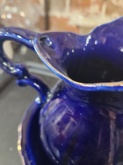 Porcelain Small Pitcher Bowl Set Taiwan Blue Floral Gold Trim Accent pit23