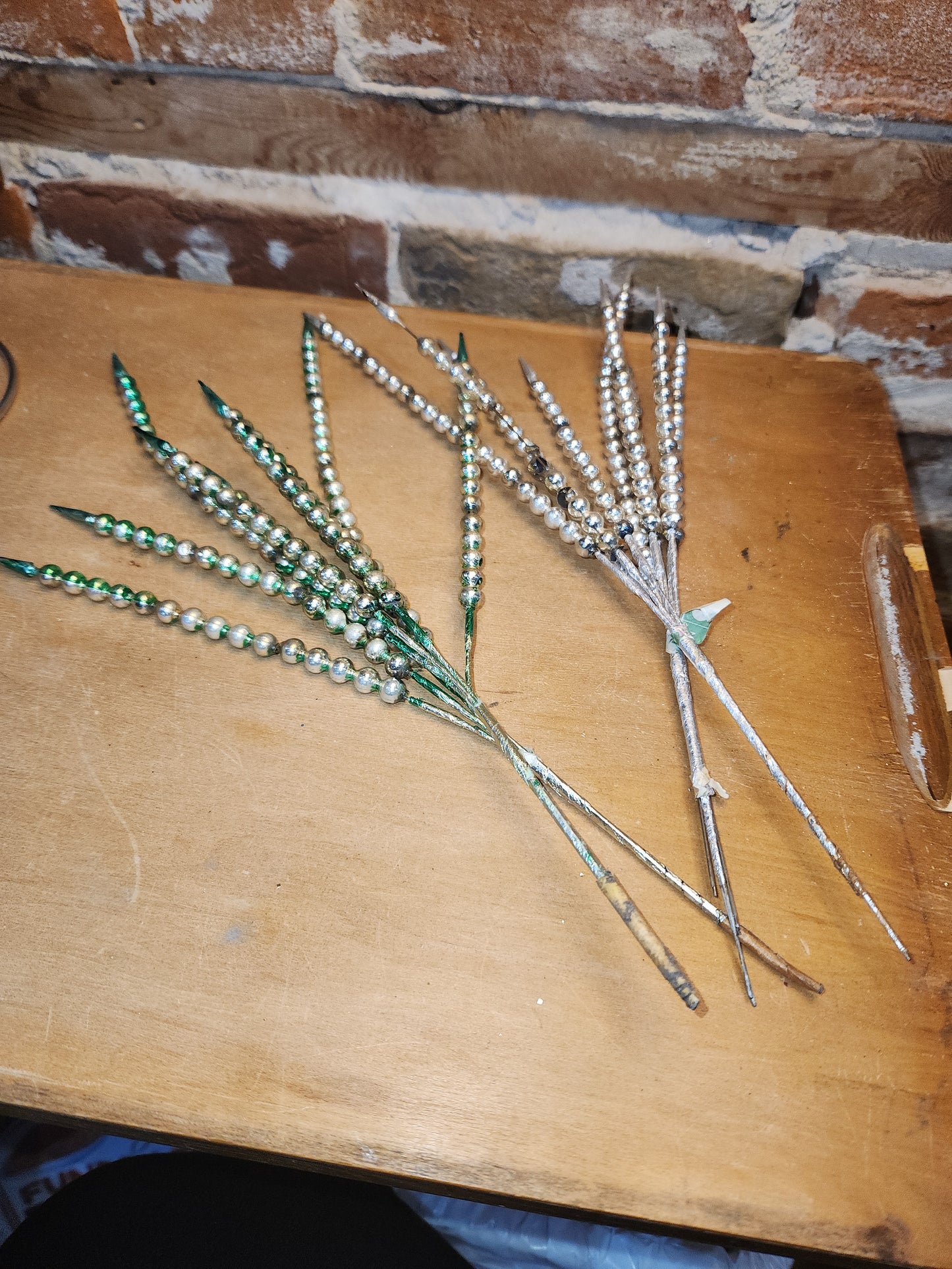 Vintage Mercury Glass Bead Picks Silver Green Beads with Spikes Stems Picks