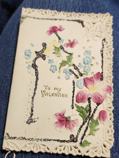 Antique Valentine Card Embossed, Mica, Flowers, To my Valentine