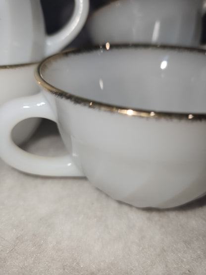 Vintage Fire King White Milk Glass Ribbed Swirl Tea Cup Oven Ware set of 5 fk4