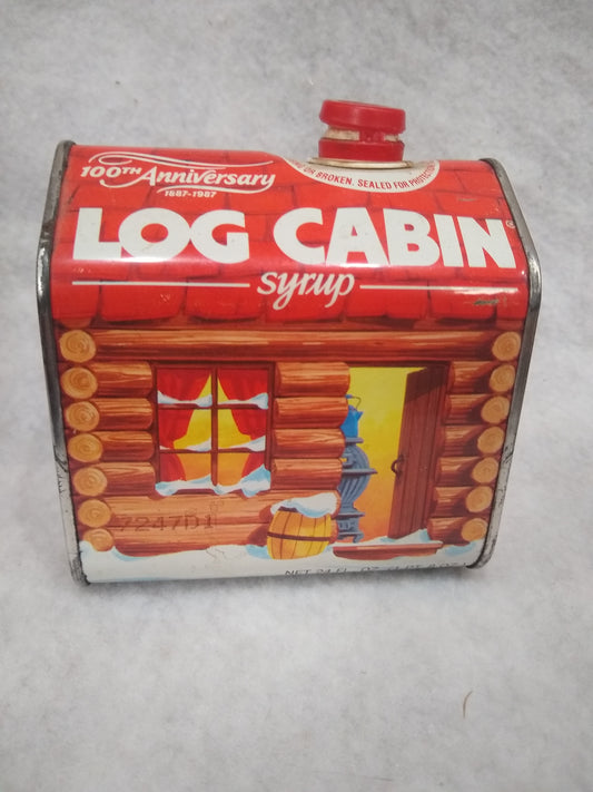 Vintage EMPTY tin "100th Anniversary 1887-1987  Log Cabin Syrup with Top tin663