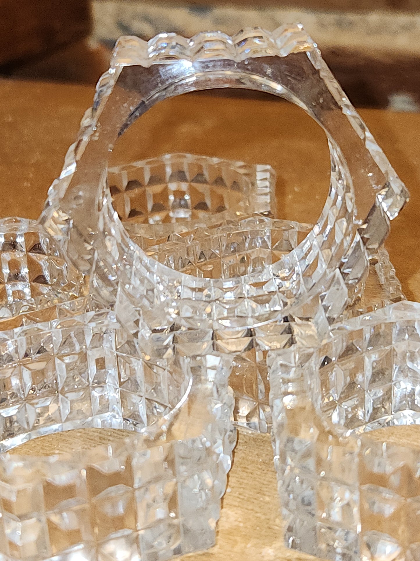 Vintage Crystal Pressed Glass Napkin Holder Rings Diamond Point Design Set of 6 1970s MCM
