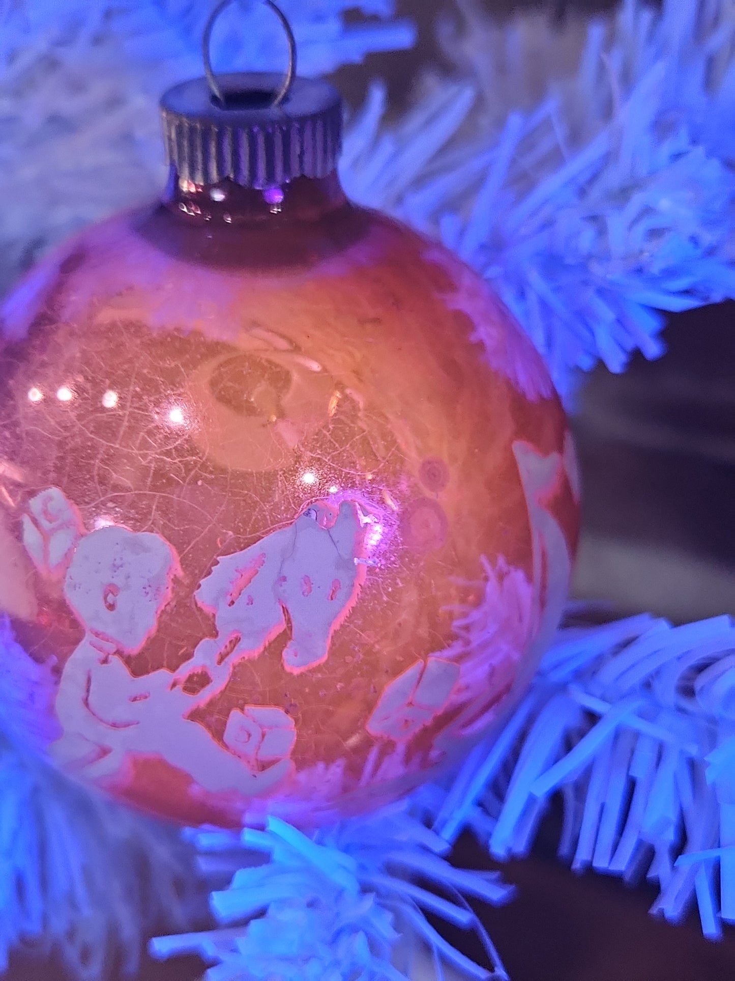 Vintage Shiny Brite Pink Christmas Ornament Stenciled Toy Bear Duck Toy Horse Clown Sailboat GLOWS vo26