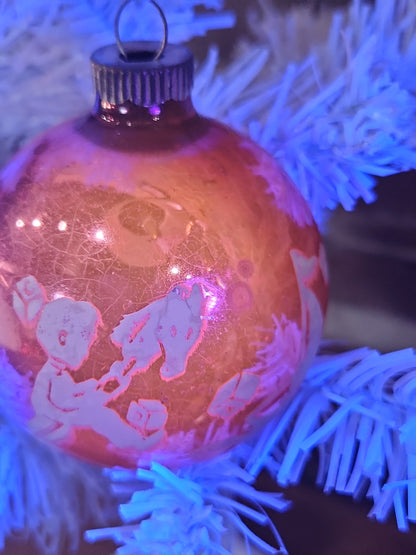 Vintage Shiny Brite Pink Christmas Ornament Stenciled Toy Bear Duck Toy Horse Clown Sailboat GLOWS vo26